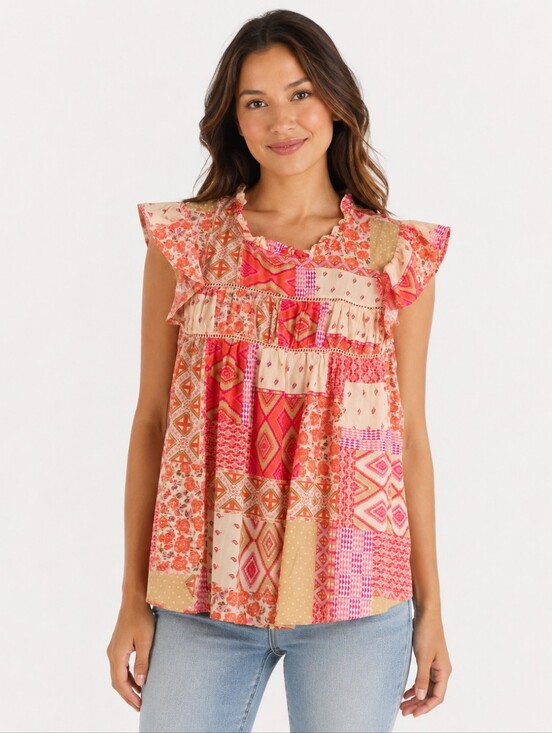 Rose & Olive Tops - Rose & Olive Patchwork Ruffle Boho Top Size 12–14
